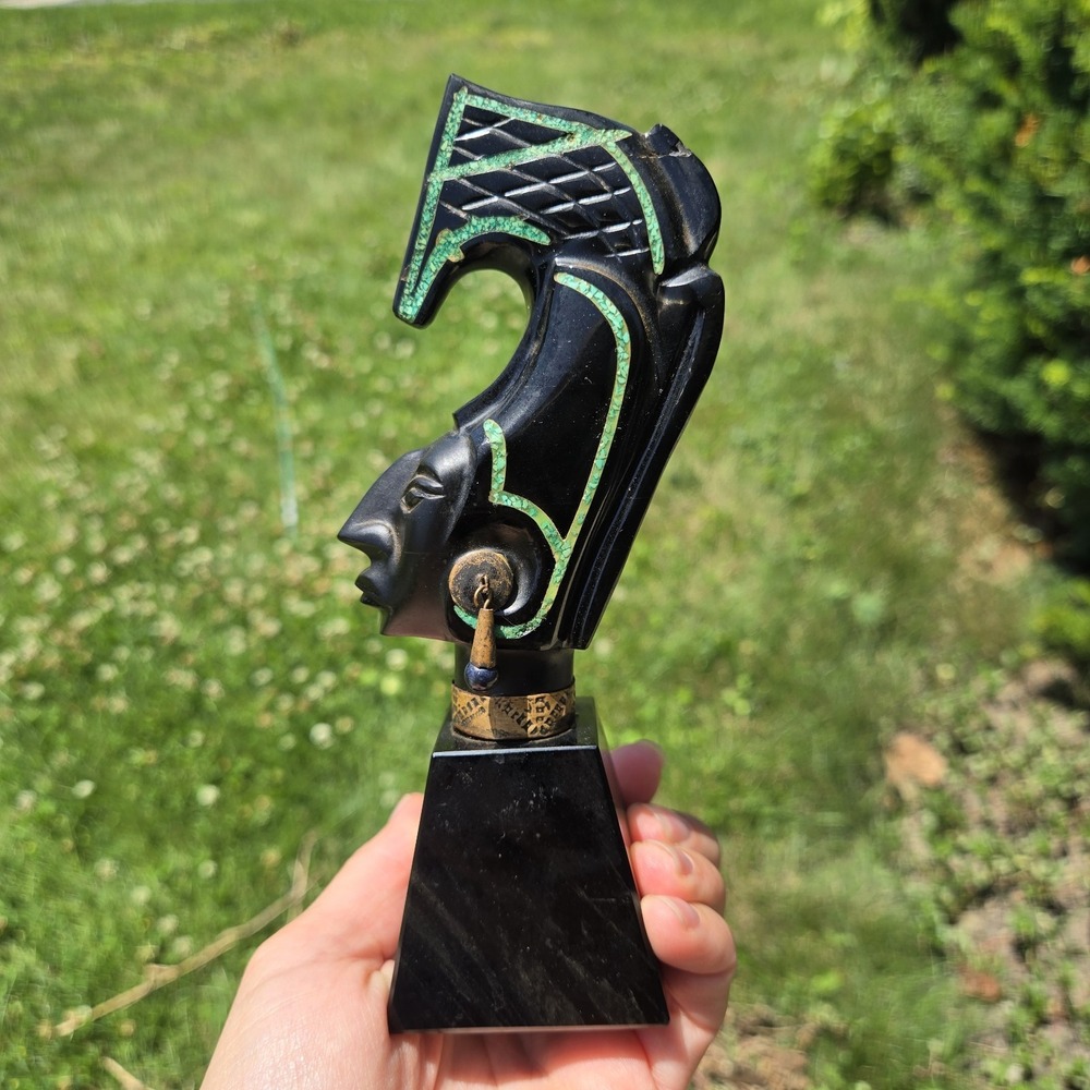 Vintage Mayan Carved Obsidian Head with Turquoise Accents